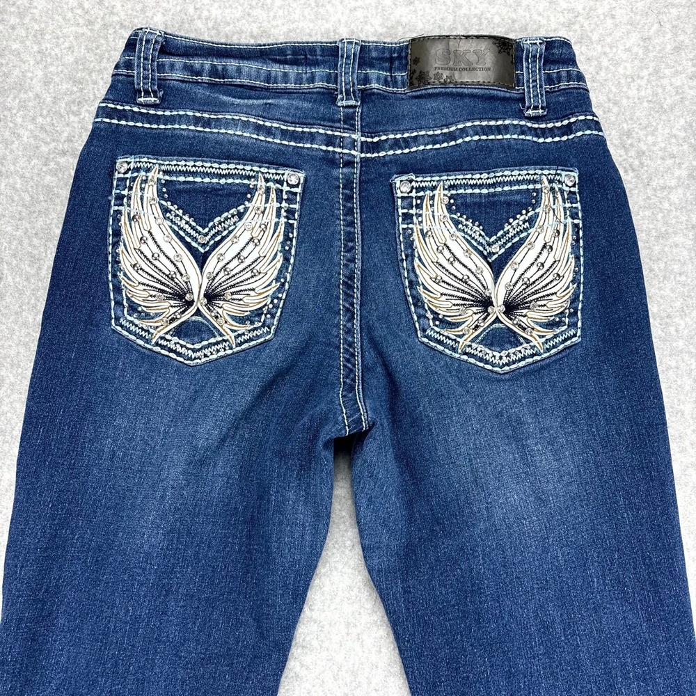 Sky Jeans Women 8 Blue Denim Stretch Angel Wings Rhinestone Whiskering Flare Leg - Picture 3 of 11